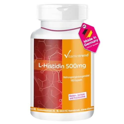 Vitamintrend L-Histidin 500mg, 180 Kapseln, hochdosiert, Nahrungsergänzungsmittel vegan ohne Magnesiumstearat, in Deutschland hergestellt