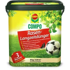 COMPO Rasendünger 8 kg - Tierfreundlicher Premium Langzeitdünger - Dünger für Zier-, Sport- & Spielrasen mit 3 Monaten Langzeitwirkung, ideal für einen dichten, tiefgrünen Rasen ohne Moos und Unkraut, einfach anzuwenden und sofort nach der Düngung betreten.