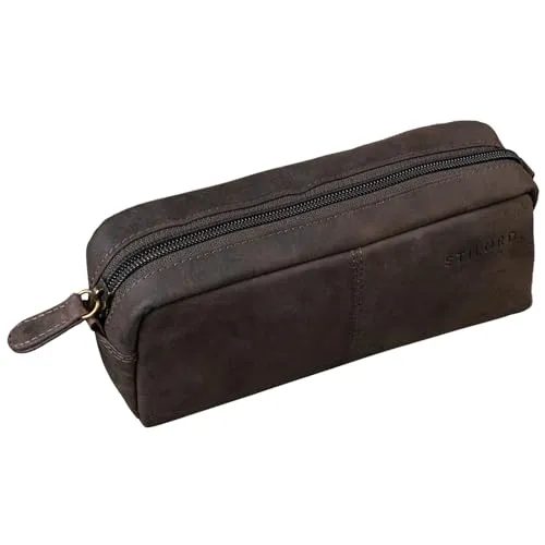 STILORD Spencer Leder Federmappe Vintage mit Reißverschluss Kosmetiktasche Organizer Stiftemappe Schlamperrolle Schlampermäppchen Etui Echtes Leder Farbe:dunkel - braun