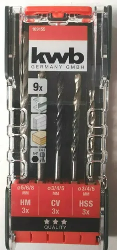 KWB 9 tlg. Bohrer Set (HM 5/6/8mm) (CV 3/4/5mm) (HSS 3/4/5mm)