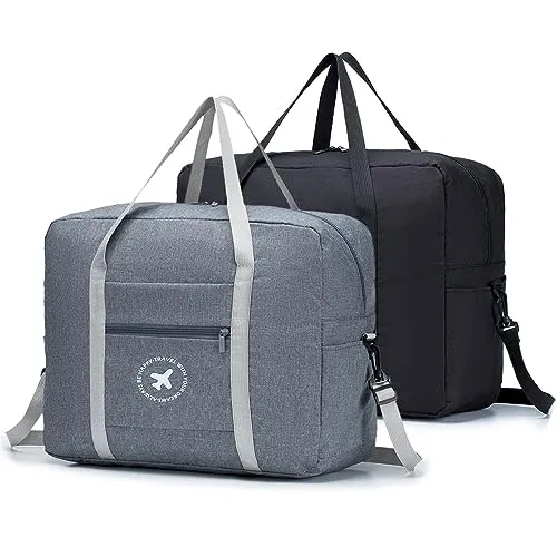 BAGZY 2X Reisetasche Faltbare Handgepäck 45x36x20 easyJet Taschen Koffer Tasche Wasserdicht Umhängetasche Reise Kabine Gepäck Reisetasche Groß Weekender Sporttasche (Grau+Schwarz)
