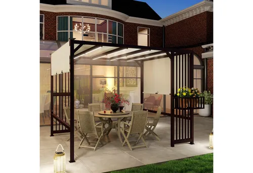 Outsunny Pergola Pavillon 3x2,5m - Pavillon mit UV 30+ Sonnenschutz, verstellbarem Schiebedach und Sichtschutzwänden für mehr Privatsphäre und Pflanzenpräsentation im Garten oder auf dem Balkon.