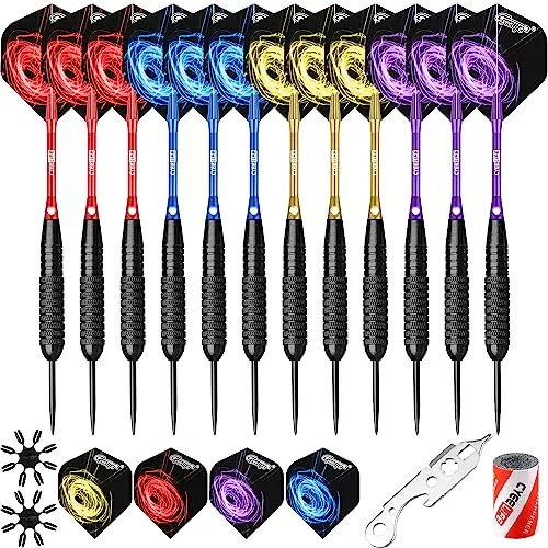 CyeeLife 22g Dartpfeile mit Metallspitze 12pcs mit Alu-Schäften,Sharpener,Werkzeug,Extra Flights und Flightkappen,Steeldarts Set
