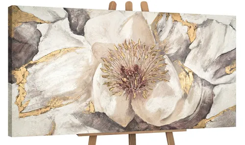 YS-Art Gemälde Malve, Blumen, Gold Weiß Blume Leinwand Bild Handgemalt