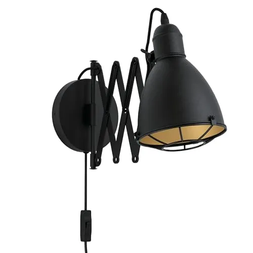 EGLO Treburley Wandlampe - 1-flammige Wandleuchte im Industrial Vintage Design - Lampen im Industrial Vintage Design, aus schwarzem Stahl mit goldener Innenseite und ausziehbarem Leuchtenarm, ideal für stimmungsvolle Akzente in jedem Raum.