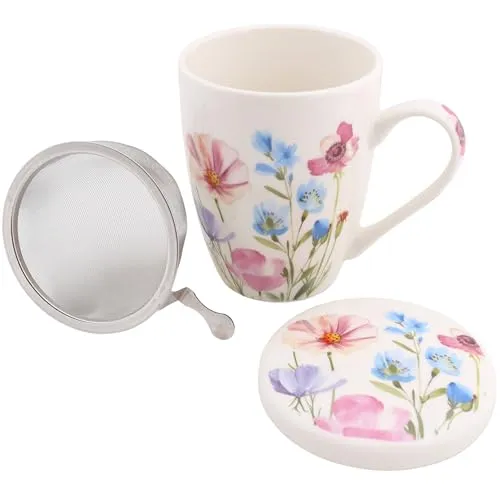 Teeset: Porzellanbecher, Tasse mit Teesieb und Deckel für Kräuter – verpackt in einer Geschenkbox (H)