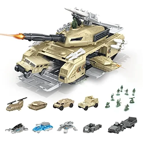 RedCrab Panzer Spielzeug Set, Militärtransportpanzer mit 9 Militärfahrzeuge Spielzeug und 9 Mini Spielzeugsoldaten Modelle -Drehbarer Geschützturm und Simulierter Raketenstart Geschenke für Kinder