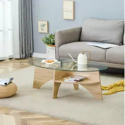 Couchtisch Oval Aus Sicherheitsglas Transparent Und Mdf In Heller Holzoptik 104,9 X 60 Cm
