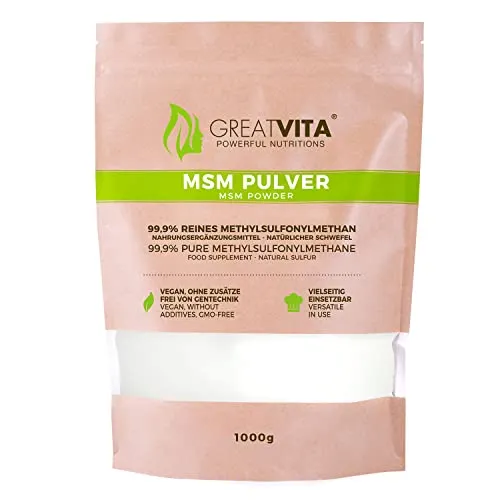 MSM Pulver 1000g - 99,9% Methylsulfonylmethan, feiner & organischer Schwefelpulver - MSM powder zum Mischen in Wasser, Saft & Smoothies - 1kg Vorrat, ohne Zusätze, glutenfrei & non-GMO | GreatVita