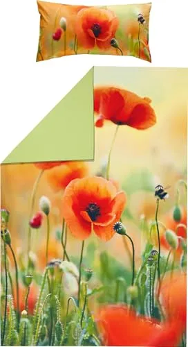 REDBEST Wende-Bettwäsche Renforcé, 40x80 cm / 155x220 cm - Bettwäsche-Sets mit romantischem Mohnblumen-Motiv, strapazierstark und atmungsaktiv, einfach zu beziehen dank praktischem Reißverschluss.