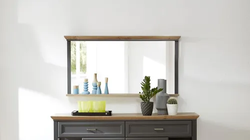 Spiegel Varese - Grau, Holzwerkstoff & Glas - Hochwertiger Spiegel im Landhausstil mit extra großer Kristallspiegelfläche und praktischer Ablagefläche. Maße: 142x74x16 cm. Perfekt für stilvolle Akzente in Ihrem Zuhause.