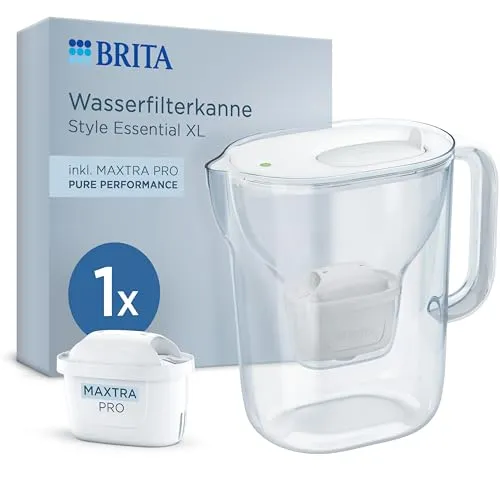 BRITA Wasserfilter Kanne Style Essential XL weiß (3,6L) mit MAXTRA PRO Filter - Stilvolle Wasserfilter-Kanne mit Klappdeckel für einfaches Nachfüllen. Die BRITA Smart Light LED erinnert an den Filterwechsel. Effizient für bis zu 150 Liter gefiltertes Wasser – ideal für Kaffee- und Teeliebhaber.