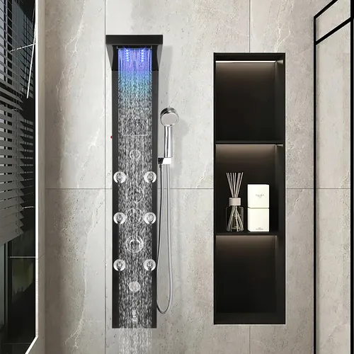 Jayseuw Duschpaneel für Badezimmer Hydromassagen Duschsystem Regendusche Multifunktionales Duschpaneel 6 große Massagedüsen Duschsäule, Schwarz