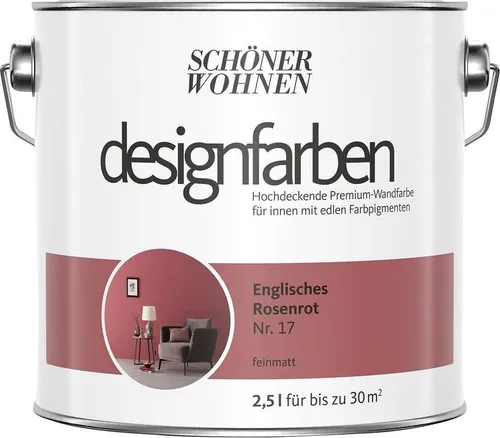 Schöner Wohnen Designfarbe Rot - Englisches Rosenrot 2,5L - Farben für den Innenbereich, UV-beständig und farbecht. Ideal für alle Zimmer mit einer Abdeckung von 21-30 m².