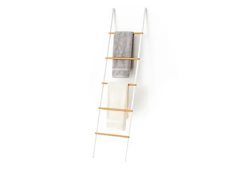 Relaxdays Handtuchleiter aus Bambus und Eisen, weiß - Vielseitige Handtuchleiter für Bad, Schlafzimmer oder Küche. Mit 5 Sprossen für optimale Luftzirkulation und ohne Bohren an der Wand platzierbar – ideal zum Trocknen von Handtüchern und Kleidung.