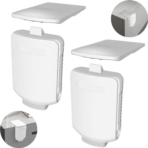 Schubladen Kindersicherung, 2 Stück, zum Kleben, in Weiß, für oben am Rahmen bündig abschließende Türblätter, Babysicherung für Kommode und Schublade, Drei-Druck-Knopf Sicherung, Schubladenschutz