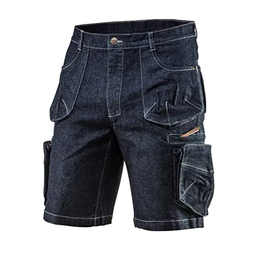 NEO TOOLS Herren Kurze Arbeitshose Denim, in Gr. XS-XXXL, verstärkte Nähte, Mischgewebe 98% Baumwolle, 2% Elasthan 410 g/m2, Cargo-Optik, Handwerkshos