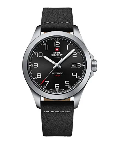 Swiss Military by Chrono Herren Uhr Armbanduhr Automatik Uhrwerk mit Lederarmband Analoge Herrenuhr Silber SMA34077.01