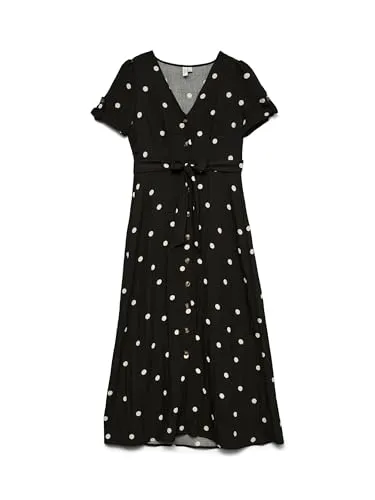 Vero Moda VMJOAN S/S 7/8 Shirt Dress in Schwarz - Modisches Sommerkleid aus pflegeleichter Viskosemischung, wadenlang mit V-Ausschnitt und Kurzarm, ideal für entspannte Sommerlooks.