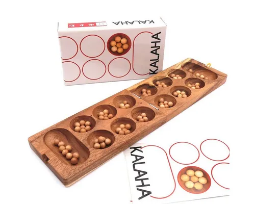 ROMBOL Denkspiele Kalaha - hochwertiges Steinchenspiel aus Holz - Gesellschaftsspiel mit ca. 72 Holzkugeln, ideal für Kinder und Erwachsene. Taktische Herausforderungen und faszinierende Spielvariationen sorgen für stundenlangen Spielspaß!