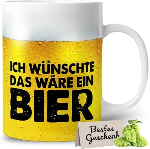 HECHTTAG Lustige Bier-Tasse mit Spruch – Geschenk für Papa zum Vatertag – Biermotiv für Männer - Ich wünschte das wäre ein Bier – Geschenk Papa, Männer, Freund, Partner - Keramik Tasse 330 ml