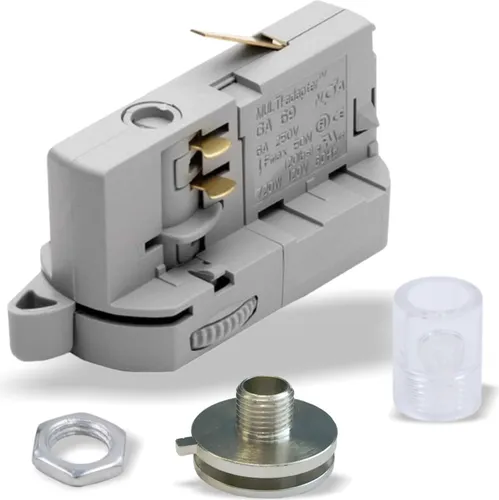 Multiadapter für 3-Phasen Stromschienenstrahler inkl. Alunippel, Mutter und Zugentlaster | Grau