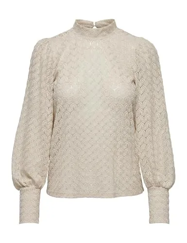 JDY Langarmbluse Avery - Elegante Spitze in Beige - Bluse mit schickem Stehkragen und feiner Spitze, ideal für stilvolle Anlässe. Aus hochwertigem 100% Polyester, in Größe XL und unifarbenem Design.