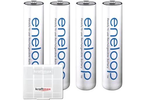 kraftmax 4er Pack Panasonic Eneloop AAA Akku Batterien in Kraftmax Akkubox Akku Panasonic Eneloop AAA HR03 800 mAh (1,2 V V, 1 St), Kraftmax Akkubox für sicheren Transport und Aufbewahrung