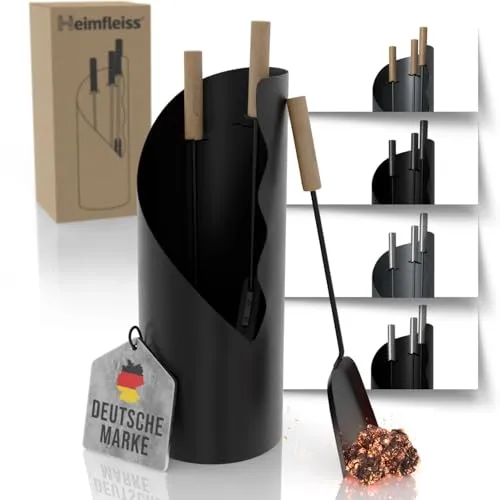 Heimfleiss® Kaminbesteck Schwarz Modern | Kaminzubehör mit Holzgriffen | Ofenbesteck Kaminbesteck Set | Hochwertiges Kaminset aus Schürhaken & Kehrset | Kaminofen Besteck | Kamingarnitur für Ofen