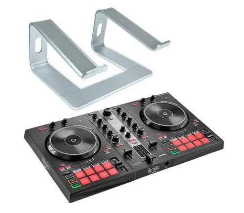 HERCULES DJ Controller Inpulse 300 MK2 mit Laptopständer - USB DJ Controller mit 2 Decks, 16 Pads und integrierter Soundkarte. Ideal für Einsteiger, inklusive DJ-Software und Tutorials. Set mit stabilem Laptopständer für optimalen Komfort.