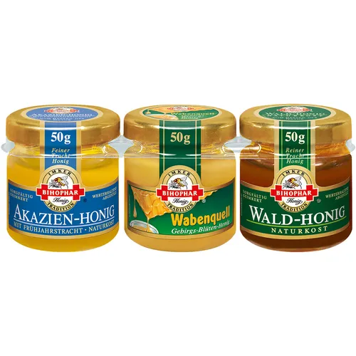 Bihophar Frühstücks Trio Honig 3x50g - Genießen Sie die Vielfalt von Akazienhonig, Waldhonig und Gebirgsblüten in praktischen 50g Portionspackungen – ideal für ein leckeres Frühstück.