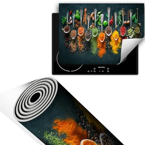 TMK ArtDeko Herdabdeckplatte Einteilig 70x52 cm Küche Herdabdeckung Ceranfeld Abdeckplatte Kochfeld Abdeckung Induktionskochfeld Aufrollbare, Gewürze Löffel
