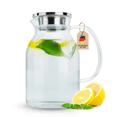 Karaffe 1,8l Tee Kaffee Kanne Krug Glas Henkel herausnehmbarem Filter-Deckel