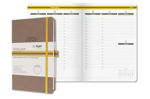SIGEL L2601 Wochenkalender 2026 A5, vertikale Wochenansicht, Hardcover, braun, gelb, englisch-sprachiges Kalendarium, 176 Seiten, FSC-zertifiziert, Kalenderbuch Terminplaner Linescape