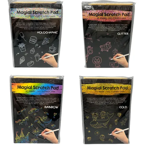 SET 4x Kratzbuch A5 - 40 Kratz Bilder+Kratzstift Glitzer Holografisch Gold bunt