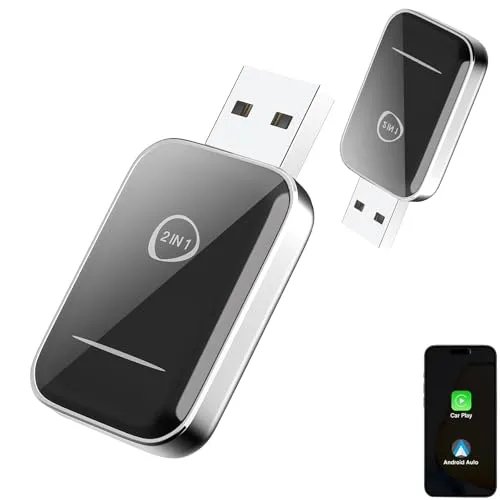 Wireless CarPlay Adapter 2 in 1 für iOS und Android Auto - Digital Media-Receiver, verwandelt kabelgebundenes CarPlay schnell in eine drahtlose Verbindung mit bis zu 3x schnelleren Übertragungsgeschwindigkeiten und automatischer Verbindung bei jedem Fahrzeugstart.