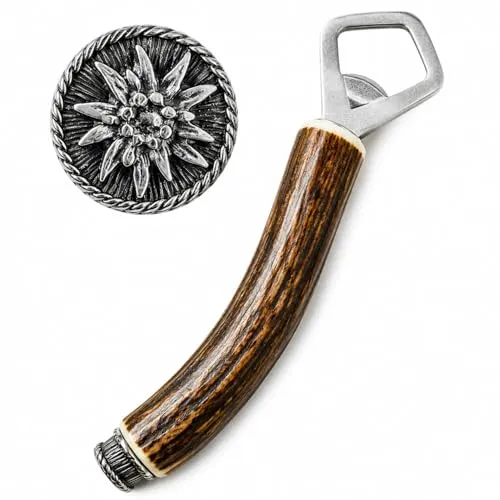 Funk Hirschhorn Flaschenöffner mit Zierkappe - Edelweiß - Handgefertigter Flaschenöffner aus echtem Hirschhorn – einzigartig und robust. Ideal als stilvolles Accessoire zur Lederhose auf Festen. Perfektes Geschenk für Trachtenliebhaber und Bierfreunde.