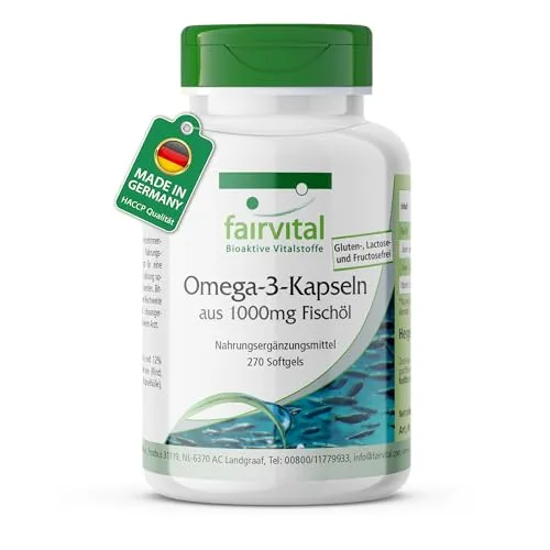 fairvital Omega 3 Kapseln aus 1000mg Fischöl, 270 Softgels, 3000mg pro Kapsel, EPA & DHA + Vitamin E, qualitätsgeprüft und hochdosiert, Made in Germany