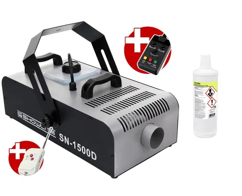 Showlite SN-1500D DMX Nebelmaschine 1500W Set - Licht & Bühne - Ideal für Bühnen, Discos oder Bars mit 560m³/min Nebelausstoß, inkl. 1l Nebelfluid und Fernbedienungen für einfache Steuerung.