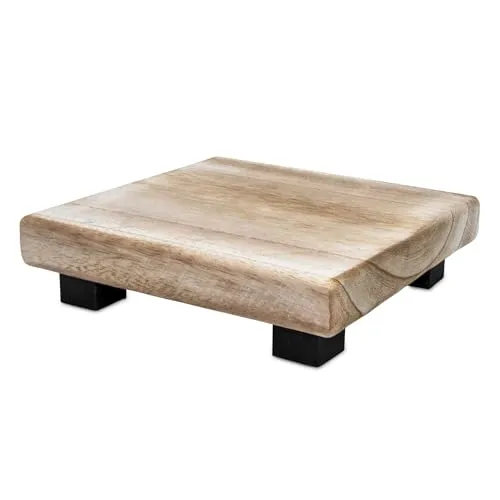 Spetebo Holz Blumenhocker Natur eckig klein - 21 x 21 cm - Mini Pflanzenhocker mit 4 Füßen in schwarz - Echtholz Deko Hocker Pflanzenständer Blumenteller Pflanzenpodest Dekotablett Geschenktablett