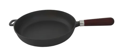 Gusseisen Bratpfanne mit Holz-Griff Ø 28 cm - EXTRA TIEFE GRILL PFANNE für gleichmäßige Wärmeverteilung, geeignet für Gas, Elektrisch und Induktion, ideal für perfekte Bratergebnisse.
