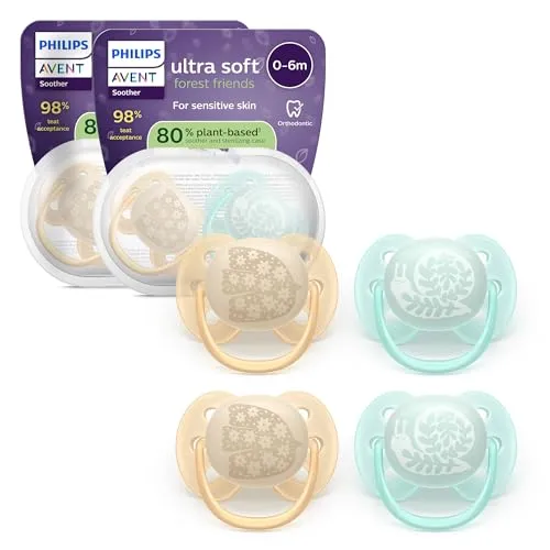 Philips Avent ultra soft Schnuller – kiefergerecht geformtes Design, für Babys von 0–6 Monaten, flexibles Saugerschild, symmetrischer Silikonsauger, BPA-frei, 4er-Pack, SCF091/49