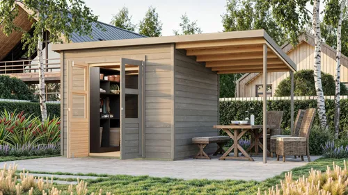 Karibu Gartenhaus Gerätehaus Merseburg 6 mit Anbaudach vorvergraut 400x244x219 cm