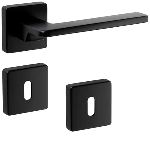 Türdrückergarnitur ADAMO schwarz matt eckig - Türgriff-Set mit modernen quadratischen Rosetten und hochwertiger mattschwarzer Oberfläche für Zimmertüren. Einfache Montage und stabiler Halt dank durchgehender Verschraubung.