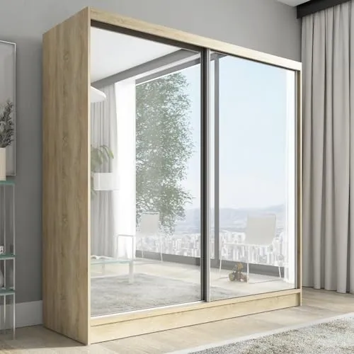 A&J MöbelLand Schwebetürenschrank Ivar 200 cm mit Spiegel - Kleiderschrank mit hochwertiger Verarbeitung, optimalem Stauraum und pflegeleichten Oberflächen für stilvolle Ordnung im Schlafzimmer.
