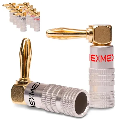 NEXMEX Bananenstecker 90° Gewinkelt - 10 Stück Stecker als Set - Steckverbinder 24K vergoldet für Lautsprecherkabel - für HiFi Receiver Verstärker