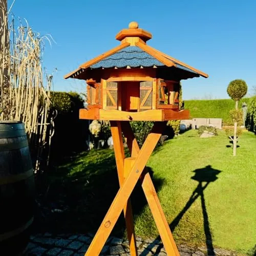 DARLUX Vogelfutterhaus XL Sechseck Vogelhaus aus Holz und Bitumschindel Dach Futterstelle mit und ohne Ständer (XL mit Ständer, Blau - Braun)