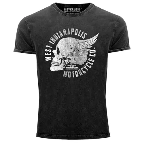Neverless® Herren T-Shirt Skull Wings Vintage Shirt Schwarz M - Stylisches Vintage T-Shirt mit Totenkopf-Design, ideal für lässige Anlässe. Hergestellt aus 100% Baumwolle bietet es hohen Tragekomfort und einen modernen Slim Fit Schnitt.