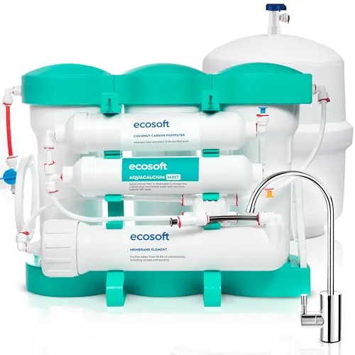 Ecosoft P'URE AquaCalcium Umkehrosmose für den Haushalt, filtert 99,8 Prozent der Wasserverunreinigungen, mineralisiert Trinkwasser mit Kalzium, mit Wassertank