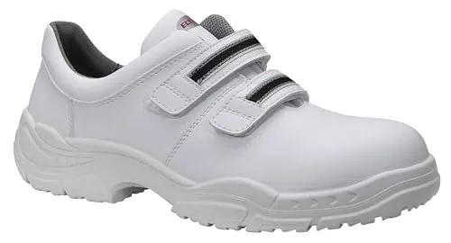 Sicherheitshalbschuh WHITE Strap Low ESD S3 SRC - Größe 44 - Arbeits- & Schutzkleidung, durchtrittsicherer und rutschhemmender Schuh, ideal für medizinische Berufe und Labore, mit atmungsaktivem Innenmaterial und Klettverschluss für optimalen Komfort.
